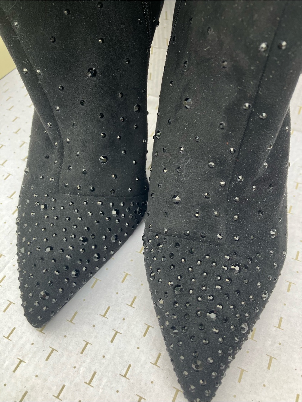 Thalia Sodi Black Crystal-Studded Pointed Toe Heeled Boots